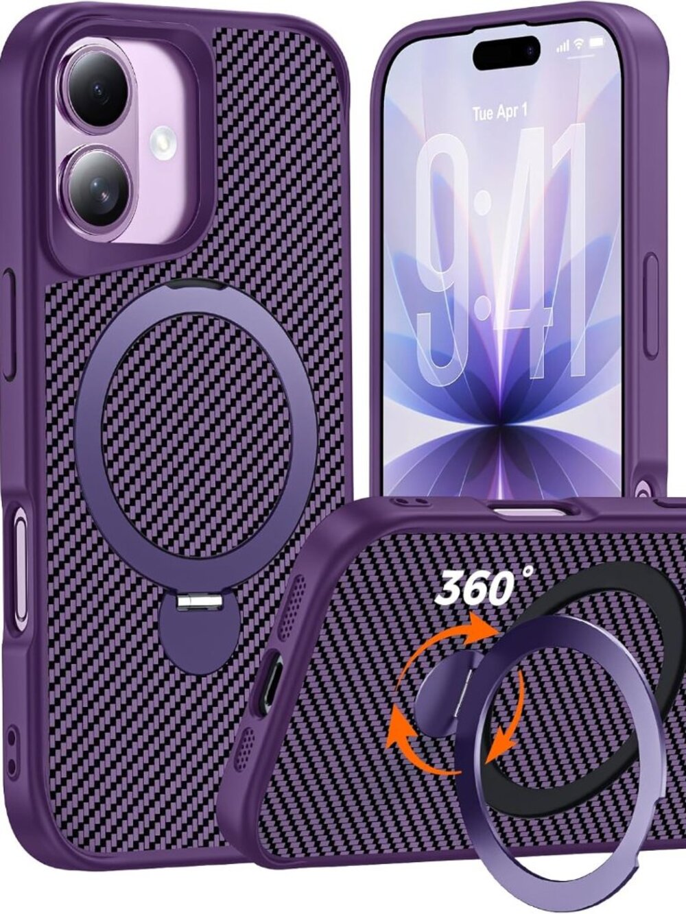 iPhone 17 Case with 360° Magnetic Stand, Carbon Fiber, Magsafe, Purple